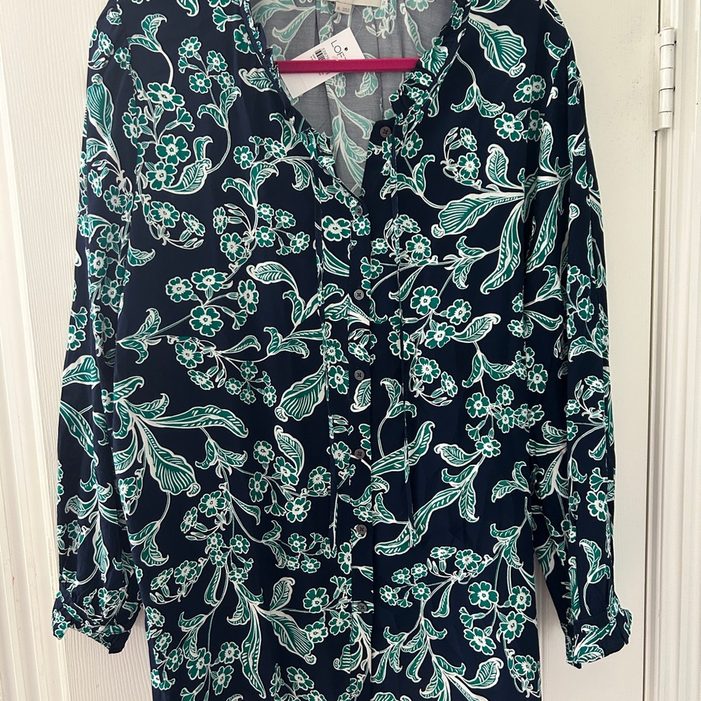 LOFT Black and Green Floral Blouse